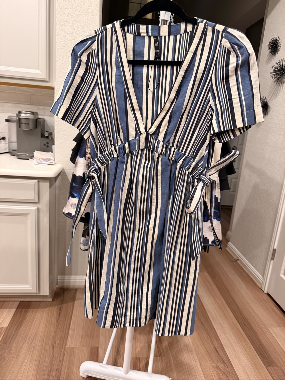 Zara Blue and White Striped V-Neck Tie-Waist Mini Dress